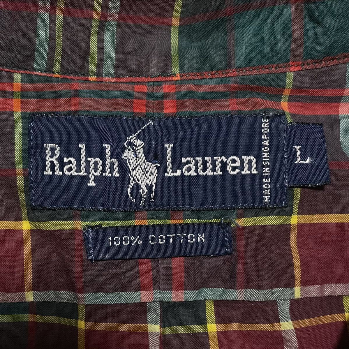 【人気ブランド】Ralph Lauren ラルフローレン 長袖 BDシャツ ボタンダウンシャツL ワインレッド グリーン チェック 刺繍ポニー 23-22