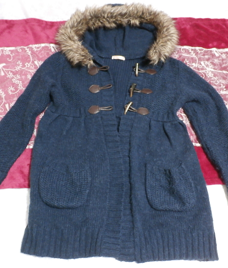  navy blue. fwafwa with a hood . shell button long cardigan / outer Navy blue fluffy hooded shell button long cardigan/outer