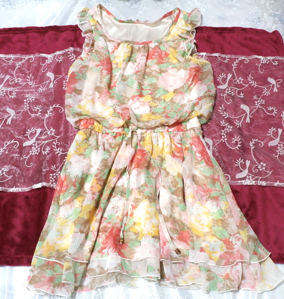  two piece manner red green yellow .. floral print hem frill skirt / tunic / One-piece Red green yellow pale floral pattern frill skirt/tunic/onepiece