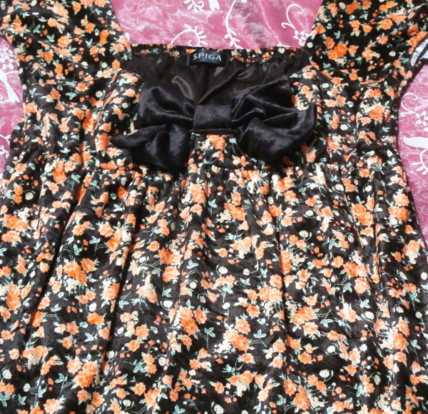 オレンジ花柄黒リボン付きフリルレースネグリジェチュニック Orange flower pattern with black ribbon lace negligee tunic_画像2