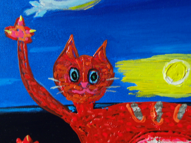 ≪国美協≫TOMOYUKI・友之、『赤いネコ』猫、油彩画、F6号：40,9×31,8cm、油絵一点物、新品高級油彩額付、直筆サイン・真作保証付_画像3