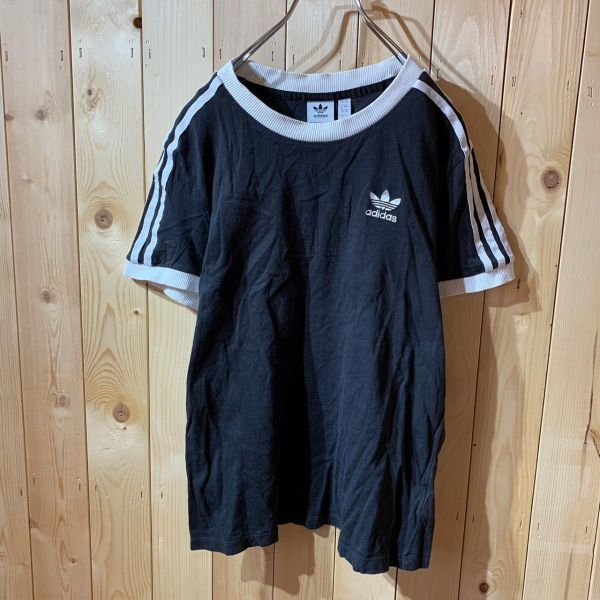 [KWT3288] adidas ライン入り半袖Tシャツ レディース ブラック M ポス_画像2