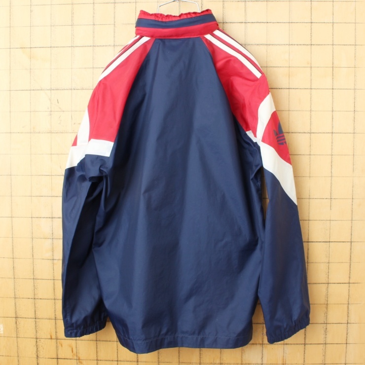 80s 90s EURO adidas アディダス ジップアップ ナイロン ジャケット ネイビー ブルー メンズSM相当 トレフォイル ヨーロッパ古着_画像5