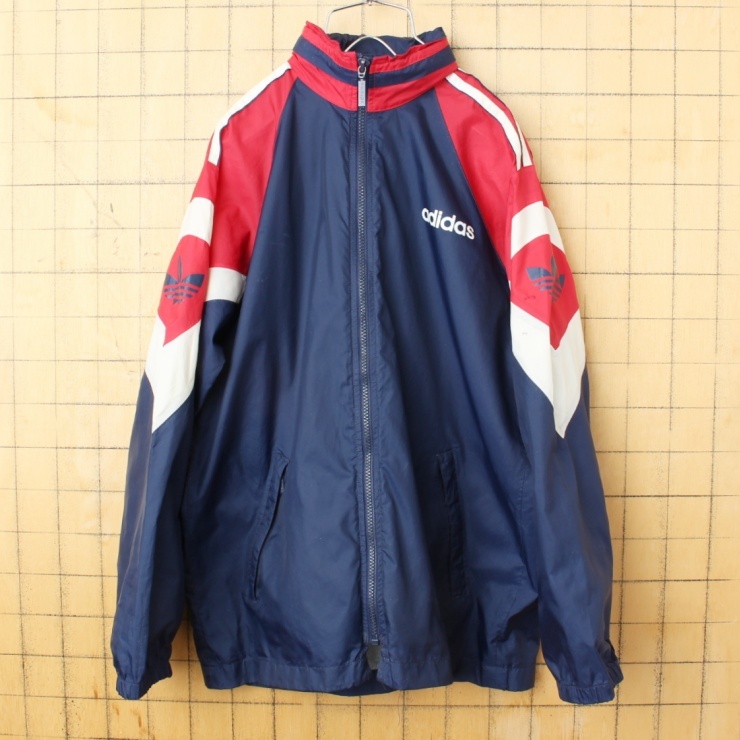 80s 90s EURO adidas アディダス ジップアップ ナイロン ジャケット ネイビー ブルー メンズSM相当 トレフォイル ヨーロッパ古着_画像1