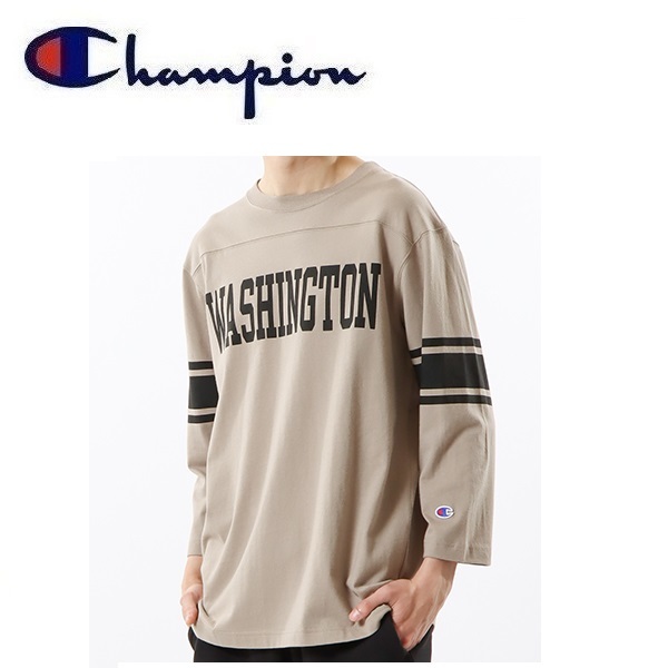 Champion チャンピオン ノースウエスタンストライプ8分袖Tシャツ サンド XL　C3-X415　メンズ　ロングTシャツ