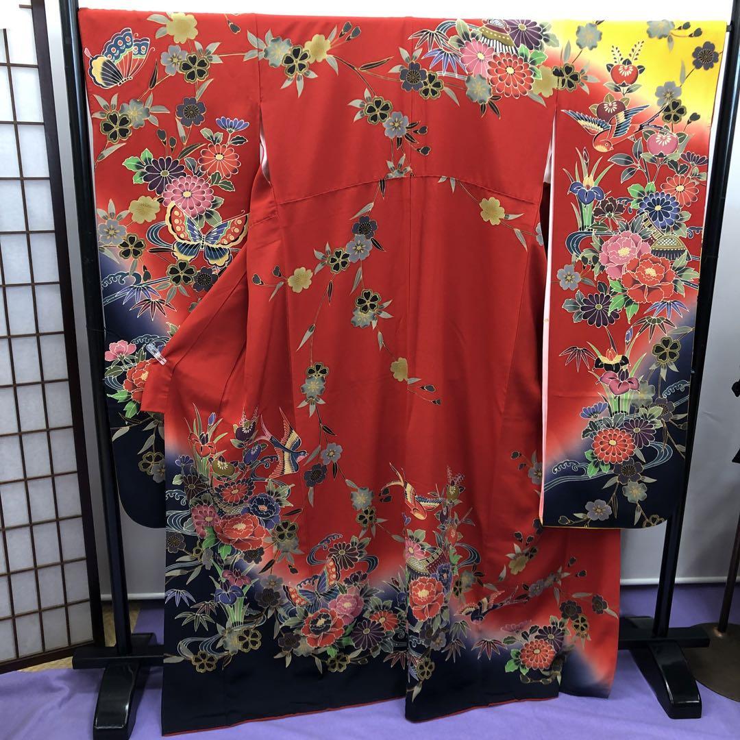 2530　紅型　振袖　赤　蝶　鳥　菖蒲　桜　襦袢付き