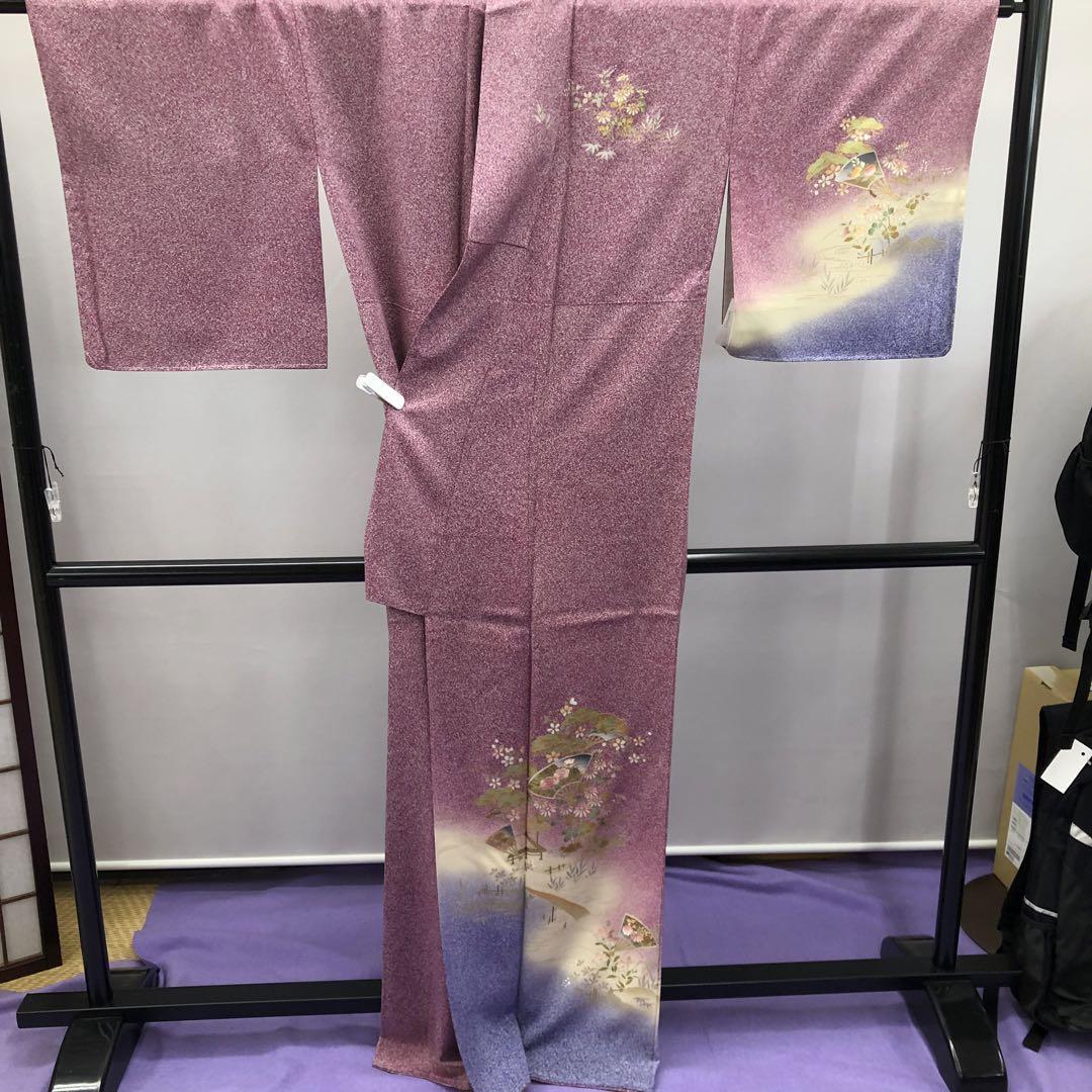 2543 未使用品 訪問着 たたき染め プラム色 しつけ付き 扇 | www