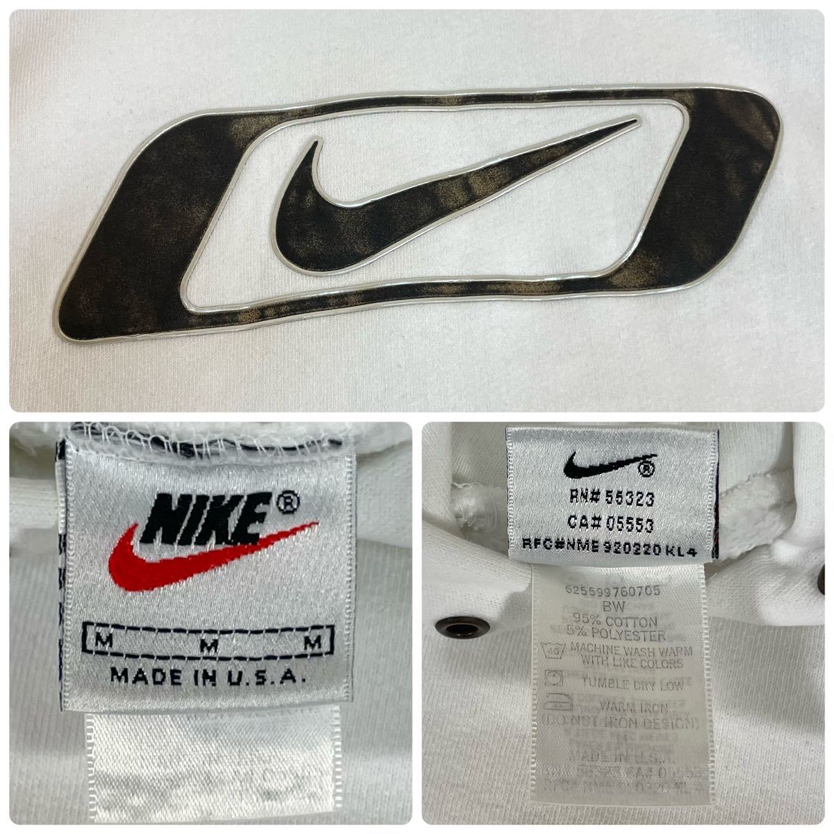 【USA製】90s Nike ナイキ プリント ビッグスウッシュ 白タグ 銀タグ 裏起毛 プルオーバー パーカー ホワイト M 90年代 アメリカ製  古着