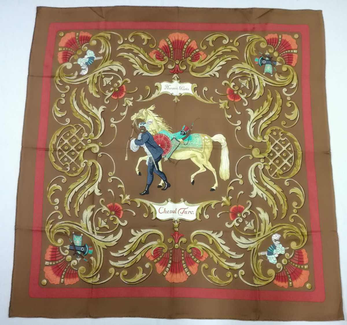 HERMES エルメス カレ90 Cheval Turc トルコの馬 スカーフ シルク カレ ブラウン 馬 5-17_画像1