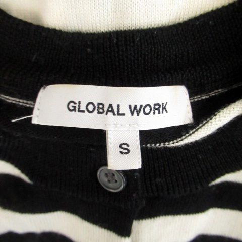 グローバルワーク GLOBAL WORK ニットカーディガン ラウンドネック ミドル丈 ボーダー柄 ウール S オフホワイト 黒 ブラック /HO32 レディ_画像4