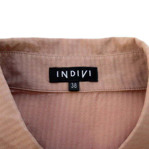 インディヴィ INDIVI ブラウスストライプ タック 七分袖 シルク混 38 茶 ブラウン レディース_画像4