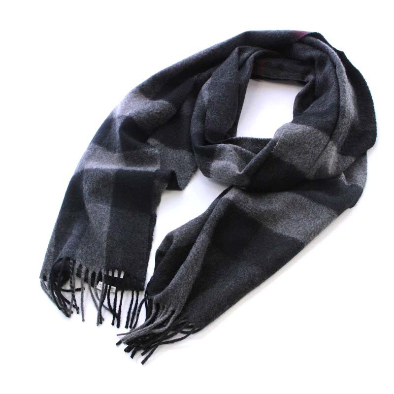 新規購入 /YO19 ブラック 黒 グレー フリンジ カシミヤ チェック