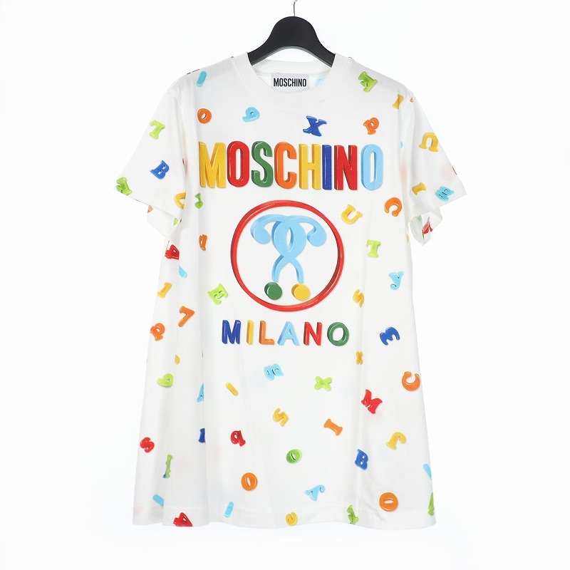 格安販売の 未使用品 モスキーノ MOSCHINO 20SS ダブルクエスチョン プリント ワンピース Tシャツ カットソー 総柄 38 ホワイト 白 A0445 レディース 半袖Tシャツ