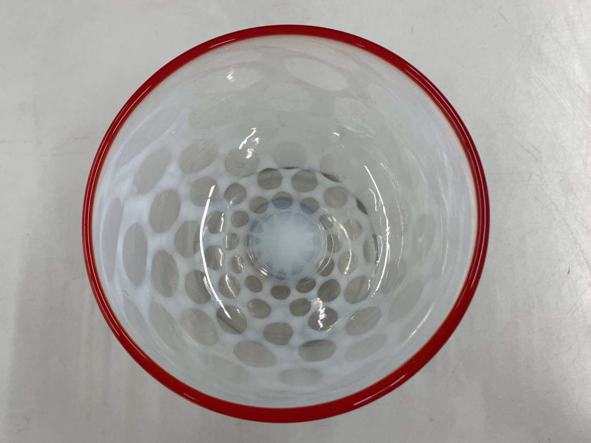 当時物 氷コップ 二色　赤×白　乳白/水玉/赤ヘリ　口径10.0㎝-2_画像3