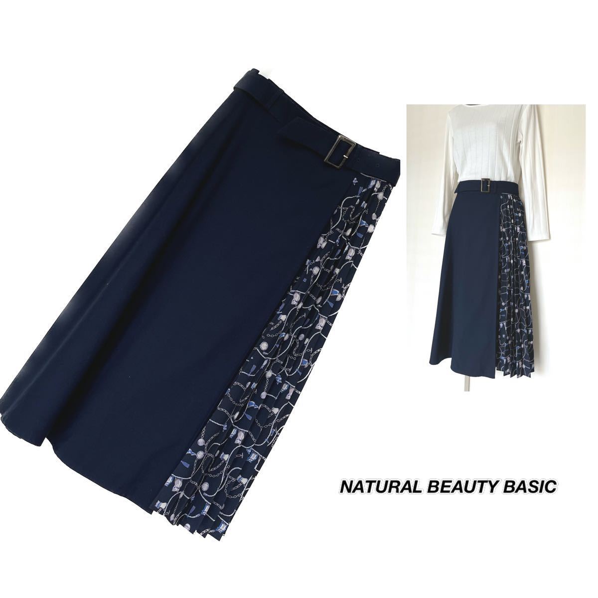 * beautiful goods *NATURAL BEAUTY BASIC Natural Beauty Basic scarf print switch skirt size M blue group 