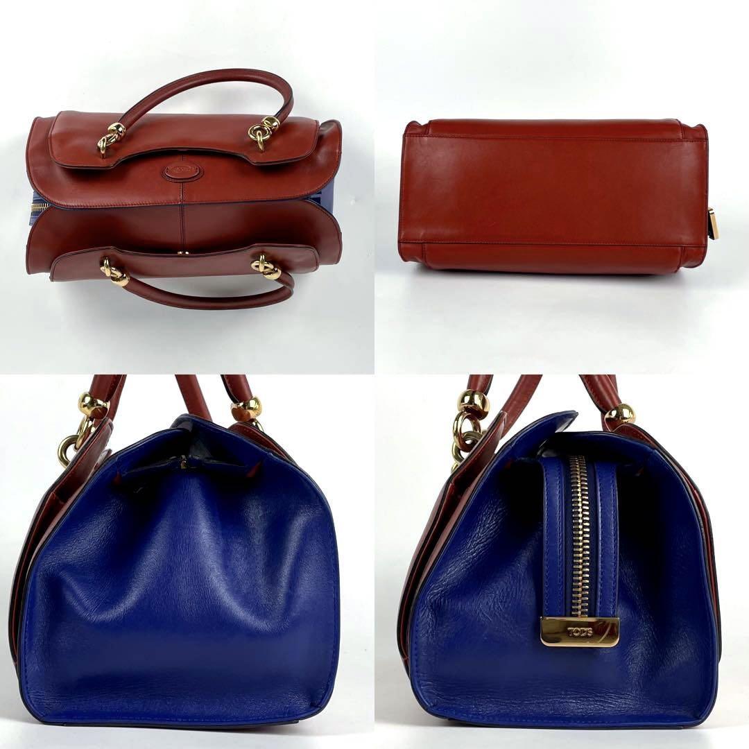 【美品】TOD'S トッズ ハンドバッグ セラ ロゴ型押し ゴールド金具 リング ミニボストン ワンショルダー 肩掛け バイカラー レザー 赤 青