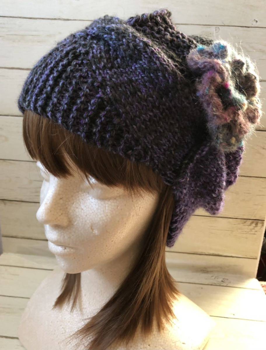 手編みの帽子(紫のグラデーション)-