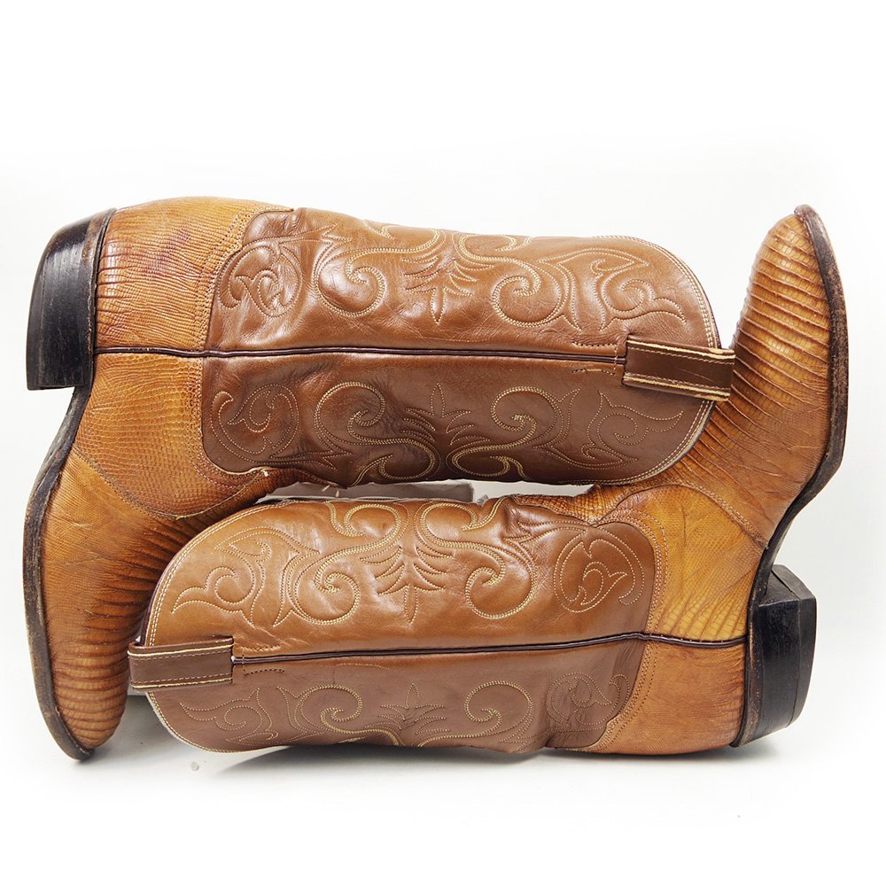 70s USA производства 29cm соответствует Tony Lama Tony Lama чёрный бирка ковбойские сапоги Lizard s gold кожа обувь кожа обувь редкий Brown U7206