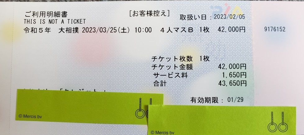 大相撲 令和5年3月 大阪場所 ３月２５日（土） 正面１１列 4人マス席B
