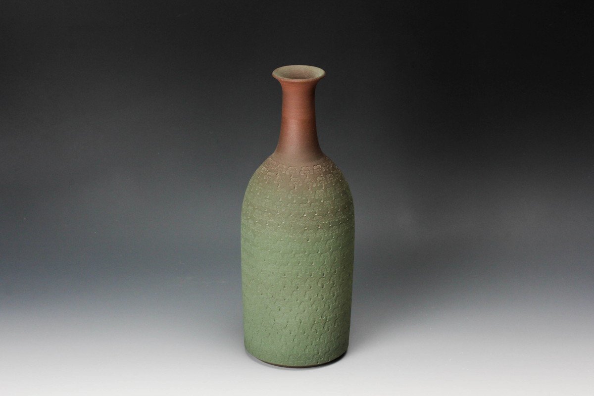 真作】【WISH】今井政之「苔泥彩印華 花壷」京焼 共箱 共布付 高さ22cm 〇文化功労者 日本芸術院会員 日展顧問 #21126118 陶芸■今井政之作品集「土の華」限定500部