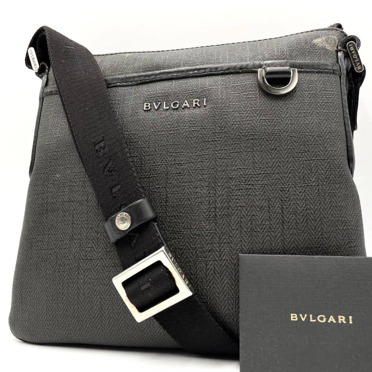 ブルガリ ウィークエンド ショルダーバッグ PVC レザー BVLGARI クロスボディ 斜め掛け サコッシュ シルバーロゴ ヘリンボーン メンズ 黒