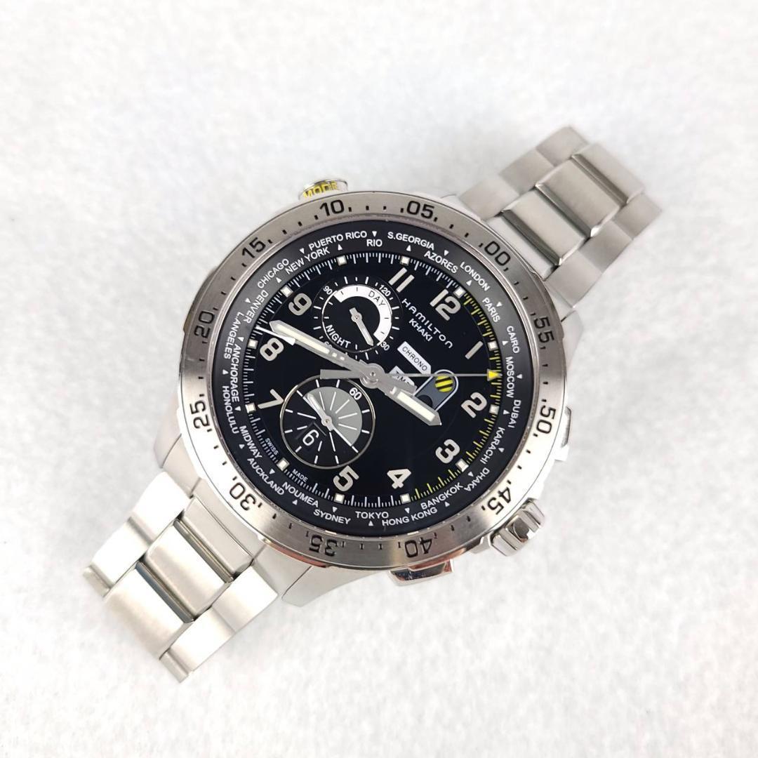 ☆【美品稼働品】 ハミルトン Hamilton アビエーション カーキ H767140 ワールドタイマー クロノ 黒文字盤 ビッグフェイス QZ メンズ腕時計