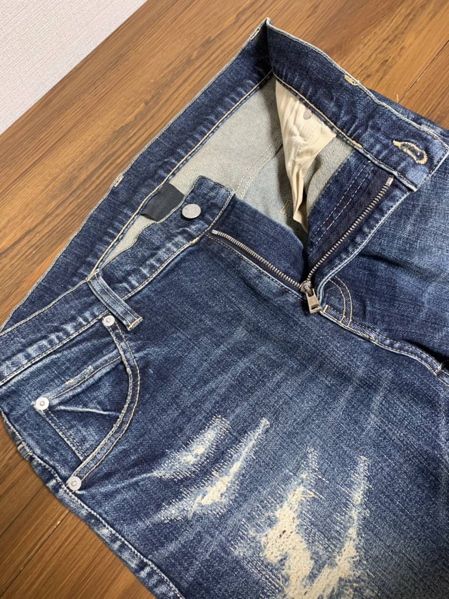 美品☆[AKM] 定価60,500 13oz PATCHWORK 5POCKET リペア加工 タイトストレッチ インディゴデニムパンツ XL 日本製 P211 エーケーエム_画像4