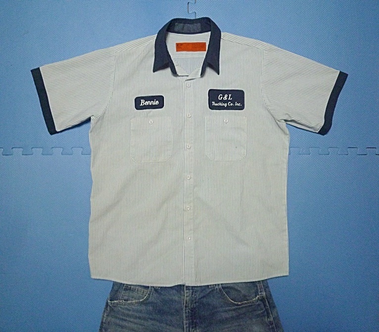 レア! USA古着 半袖ワークシャツ ユニフォーム L 白系/ブルーストライプ×ネイビー/ワッペン付/ヴィンテージ※1980年代ロサンゼルスで購入!