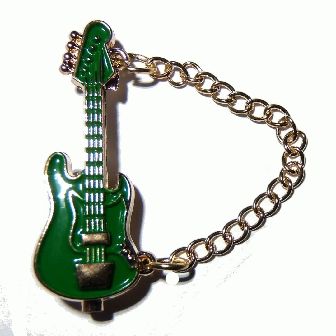 エレキギター　ベース　ブローチ　ピンバッジ　ピンズ　緑色　グリーン　ストラップ