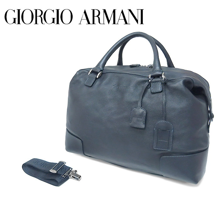 [ очень красивый товар ]joru geo Armani ARMANI 2WAY сумка "Boston bag" путешествие путешествие сумка кожа темно-синий мужской джентльмен большая вместимость большой мягкость .