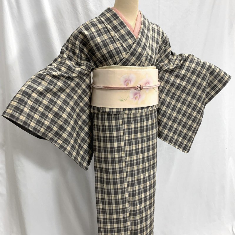 ファッション通販】 302mt3〇紬 織部格子 伝統手織工芸紬〇しつけ付き