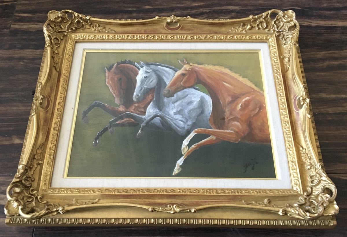 珍しい 絵画 額装 絵画 馬 板谷モア 額装油絵 二頭の馬とキューピッド