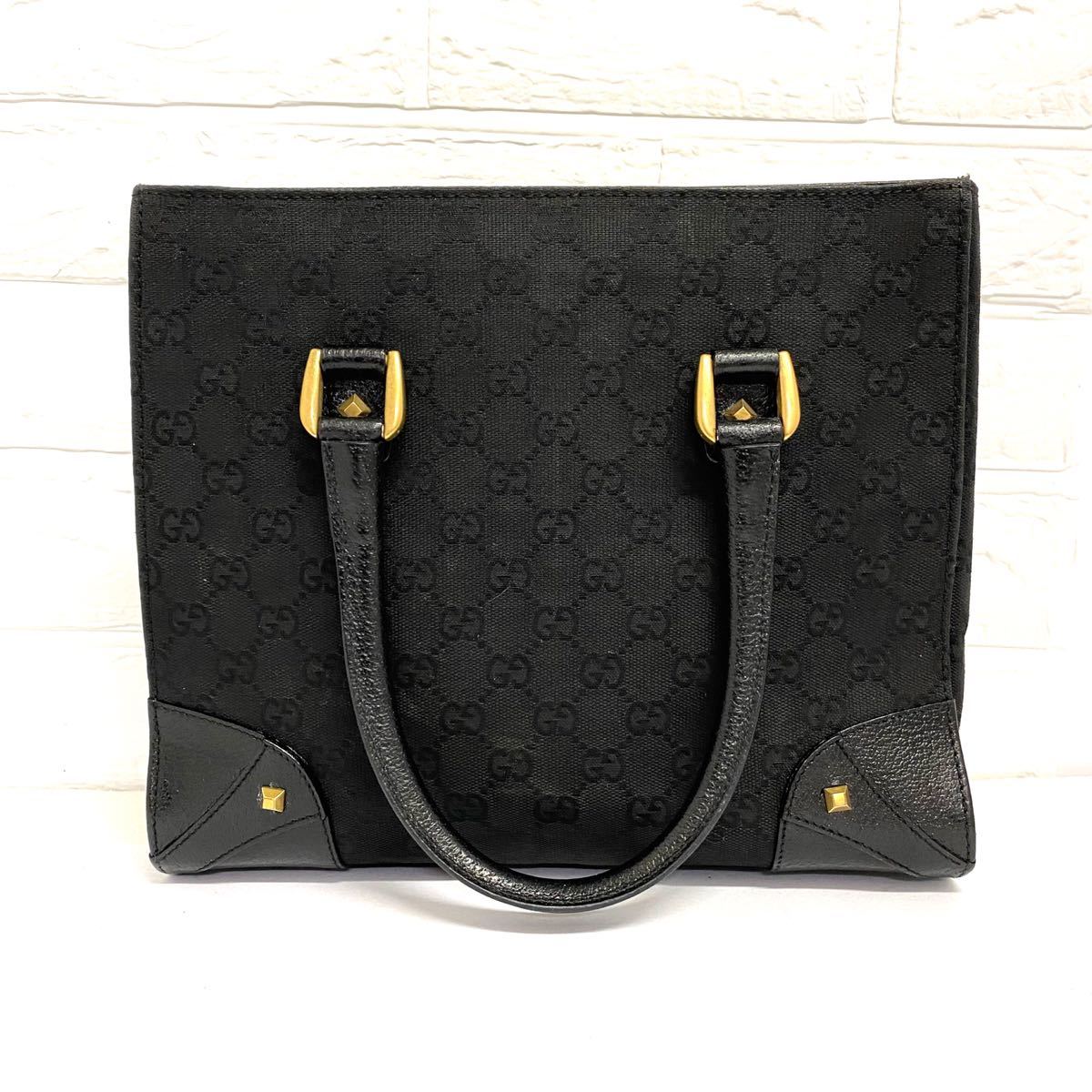美品】GUCCIグッチ /GG柄 スタッズ キャンバス レザー ハンドバッグ黒