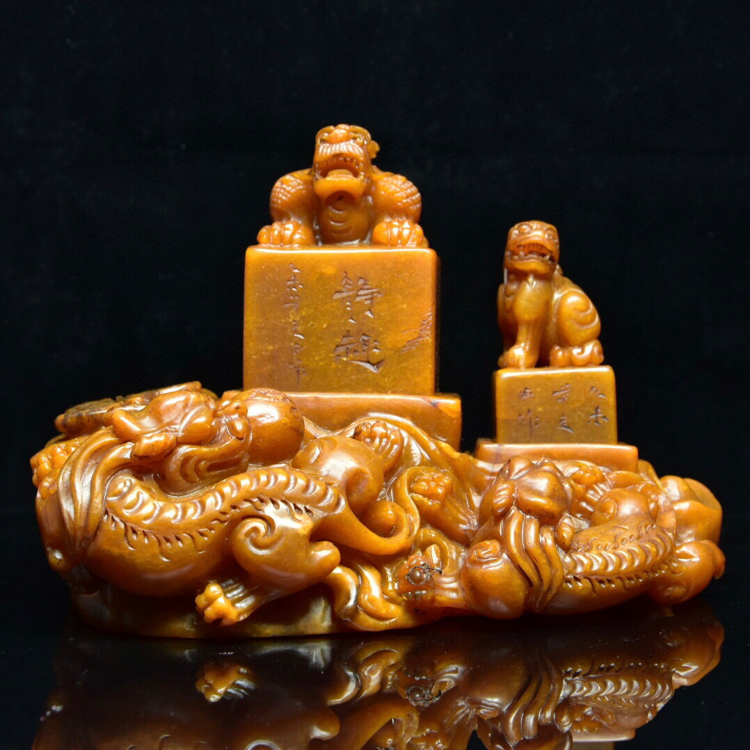 ▽鴻▽ 寿山石 燈光凍 細密彫 瑞獣印章 置物 古賞物 中国古玩 中国古美術021530