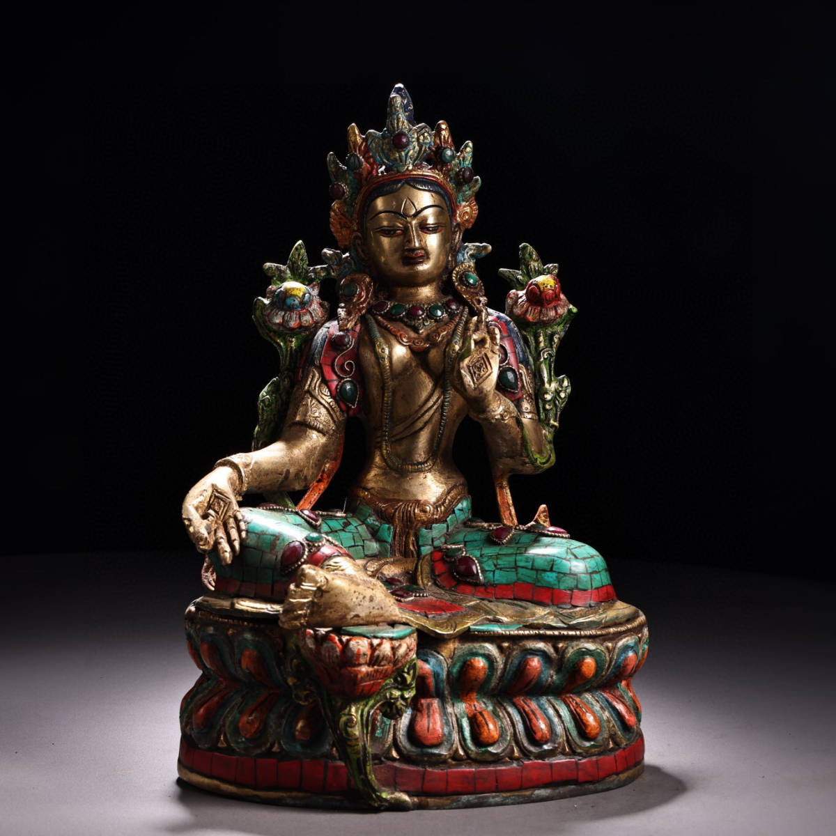 ▽鴻▽ 銅製 寶石嵌 描金 彩繪 綠度母像 置物 古賞物 中国古玩 中国古美術022207 - 0