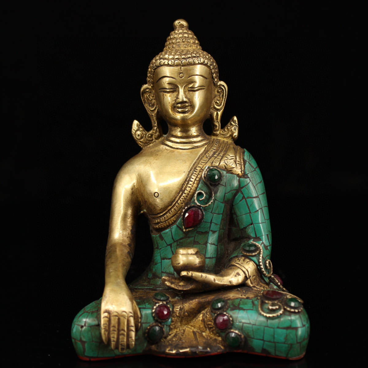 ▽鴻▽ 銅製 寶石嵌 描金 彩繪 釋迦摩尼像 置物 古賞物 中国古玩 中国古美術022213