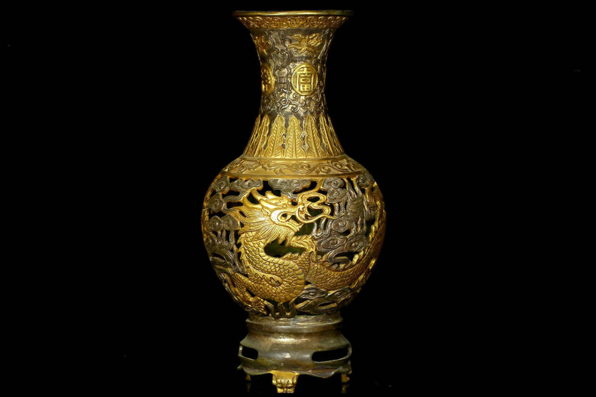 ▽鴻▽ 銅製 塗金 透空作 龍鳳瓶 置物 古賞物 中国 ▽鴻▽ 銅製 塗金 透空作 龍鳳瓶 置物 古賞物 中国