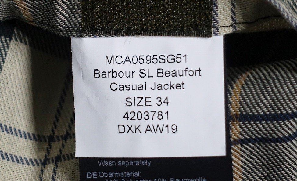 新品同様 超美品 Barbour バーブァー バブアー SL BEAUFORT ノンワックス スリム ビューフォート ジャケット MCA0595SG51 メンズ 34 コート_画像3