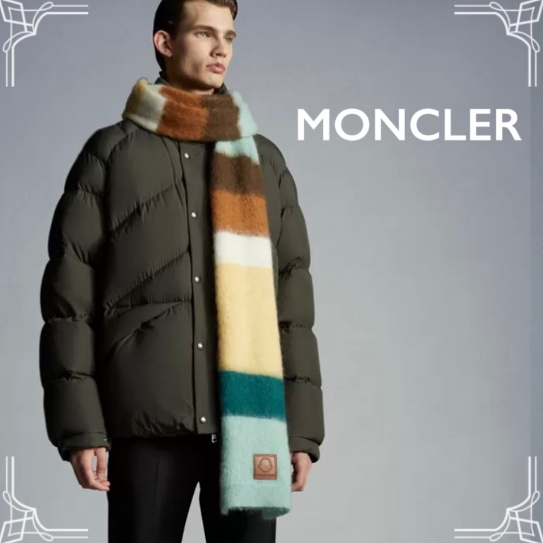 8.7万本物新品モンクレールMONCLER 存在感大 首元を彩るマルチカラーストライプ モヘヤ マフラー スカーフ レザーロゴパッチ