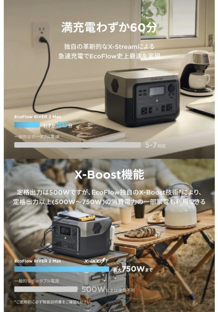 EcoFlow ポータブル電源 RIVER 2 Max 6倍長寿命 512Wh 大容量 60分満