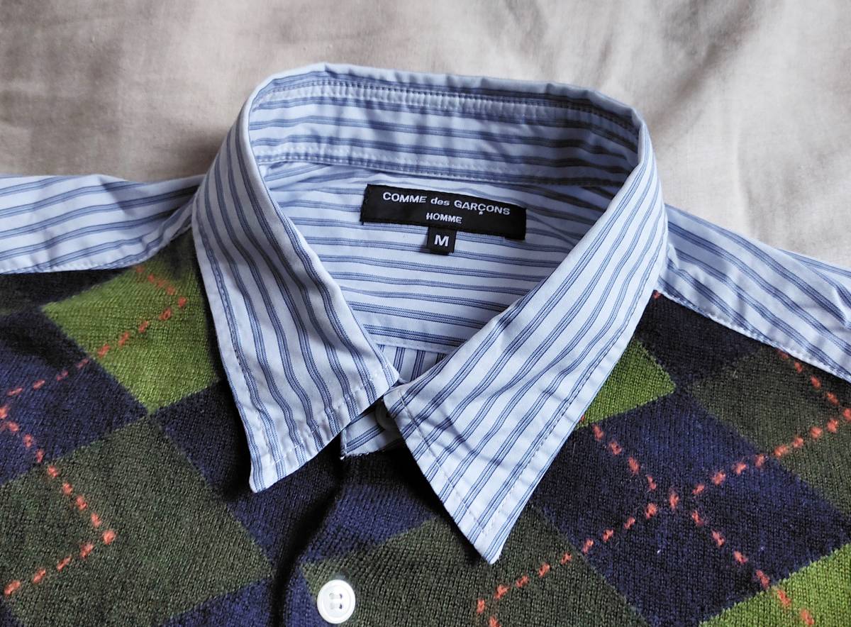 06年製 COMME des GARCONS HOMME コムデギャルソン オム シャツ 前身頃切替 アーガイル柄 ウール ストライプ M 青 緑 紺 異素材 ★2