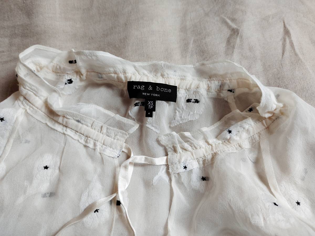 rag & bone ラグ&ボーン ブラウス スキッパー シルク フラワー 花 スター 星 刺繍 シースルー 長袖 XS 白 ホワイト レディース ★2