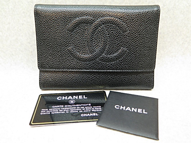 【CHANEL】シャネル キャビアスキン 三つ折り財布 ウォレット ブラック