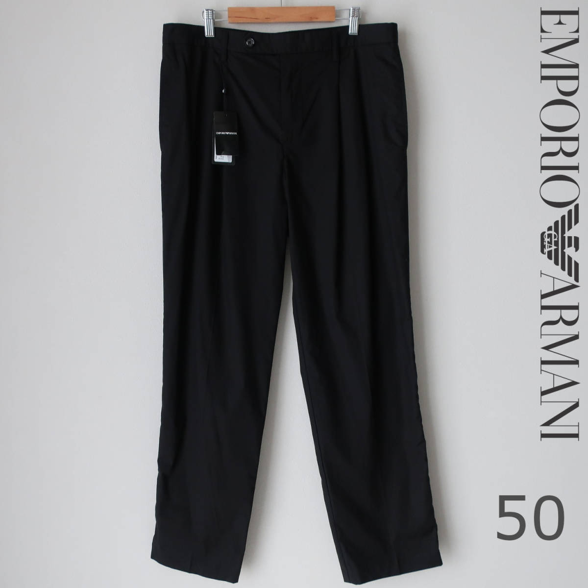 新品 未使用 EMPORIO ARMANI アルマーニ サイドライン スラックス ワイドパンツ ストレッチ モード系 ブラック 黒 メンズ 50 XLサイズ_画像1