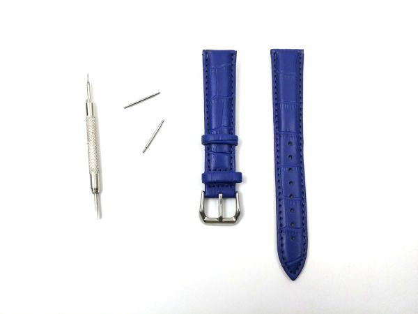 時計交換ベルト クロコ型押し 本革レザー バネ棒 工具付き 18mm ブルー_画像1