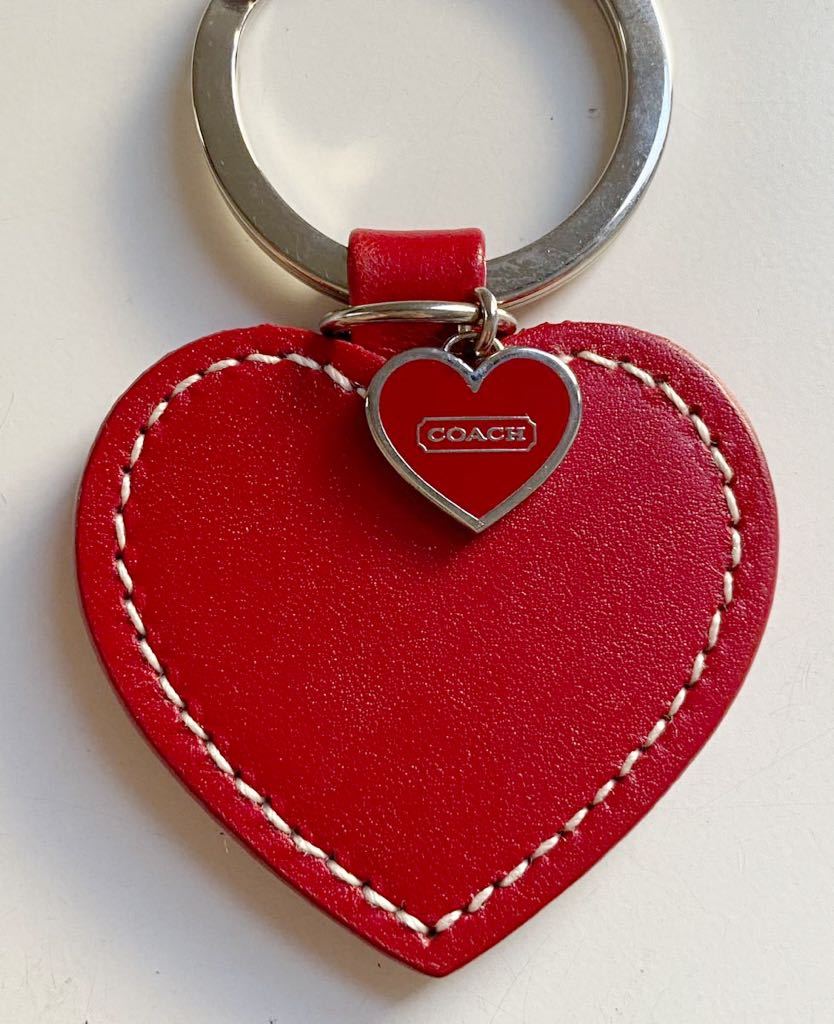 B3B173* Coach COACH original leather red color Heart Logo key ring key holder charm 