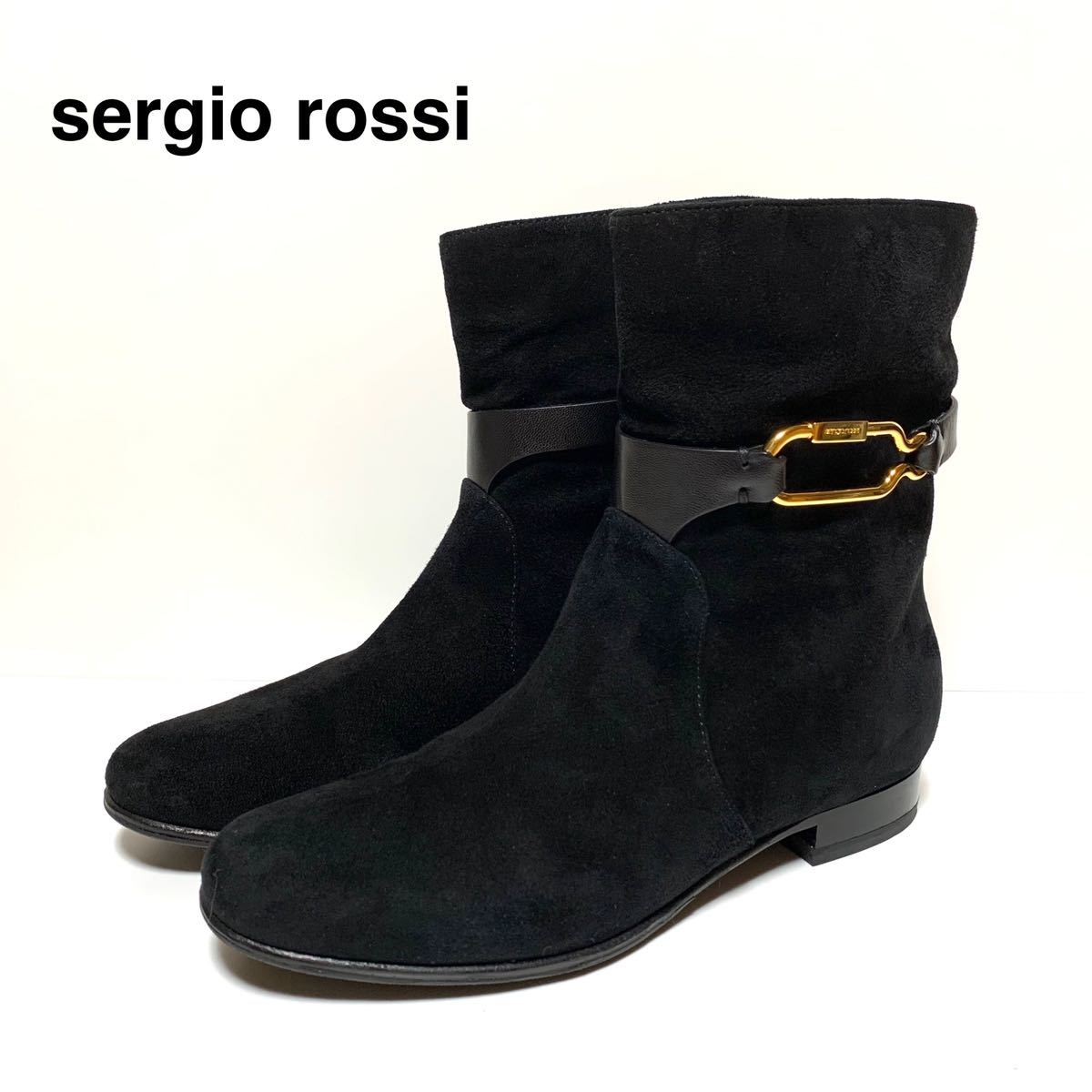 ☆美品 セルジオロッシ sergio rossi スエードレザー ゴールド金具 ベルト ショートブーツ 黒 size 35.5 イタリア製