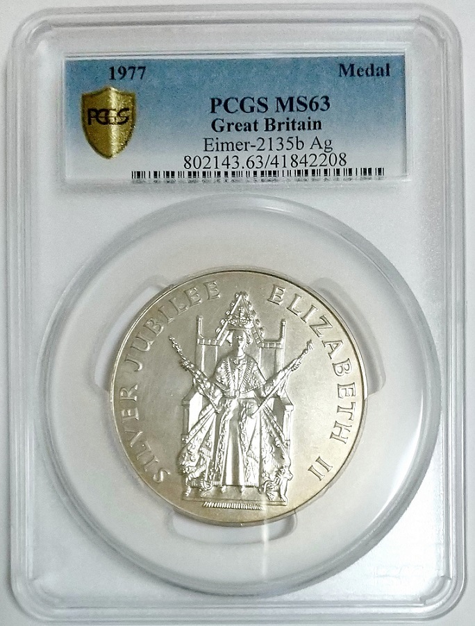 1977年 英国 イギリス エリザベス2世 即位25周年 シルバージュビリー チューダーローズ 大型 銀メダル PCGS MS63 57mm アンティークコイン_画像2