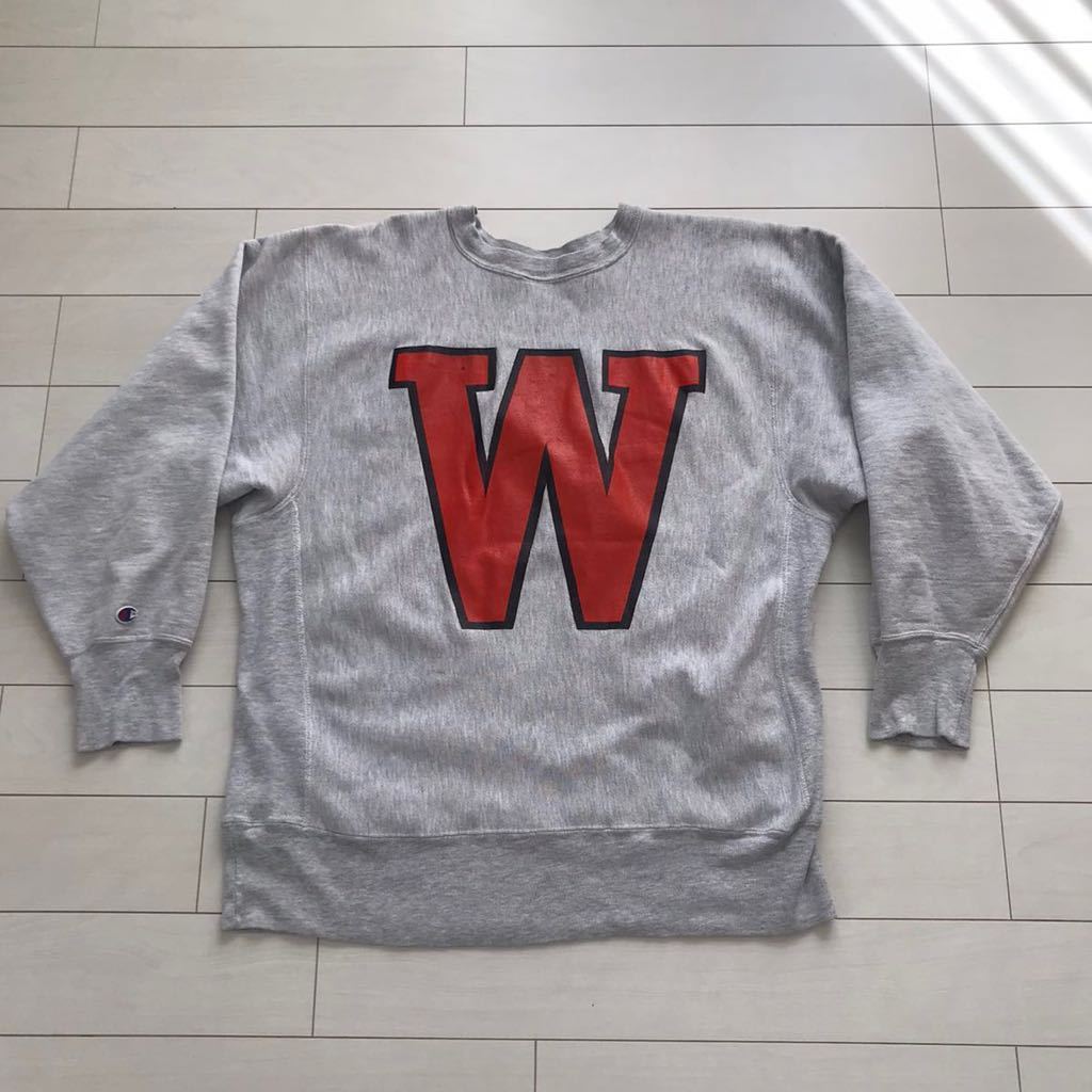 レア バックプリントデカ文字 USA製 90s 刺繍タグ Lサイズ チャンピオン リバースウィーブ 両面プリント Champion ビンテージ