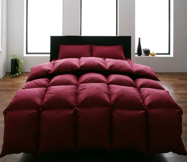羽毛布団セット ベッド用１０点 キングサイズ 色-ワインレッド /グースダウンタイプ